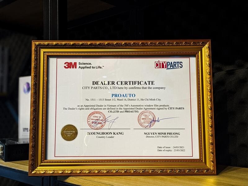 Giấy chứng nhận PROAUTO.VN đại lý phim cách nhiệt 3M chính hãng