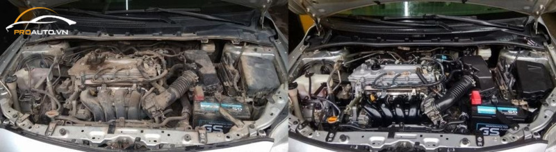 Khoang máy ô tô trước và sau khi được vệ sinh sạch sẽ