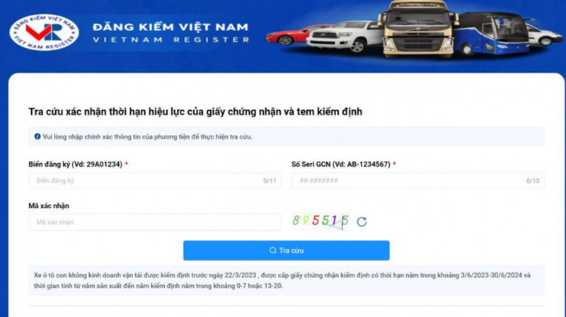 Tra cứu xác nhận thời hạn hiệu lực của giấy chứng nhận và tem kiểm định