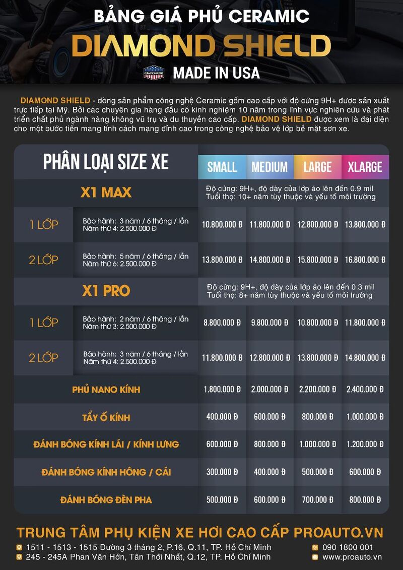 Bảng giá phủ Ceramic Diamond Shield (USA) 