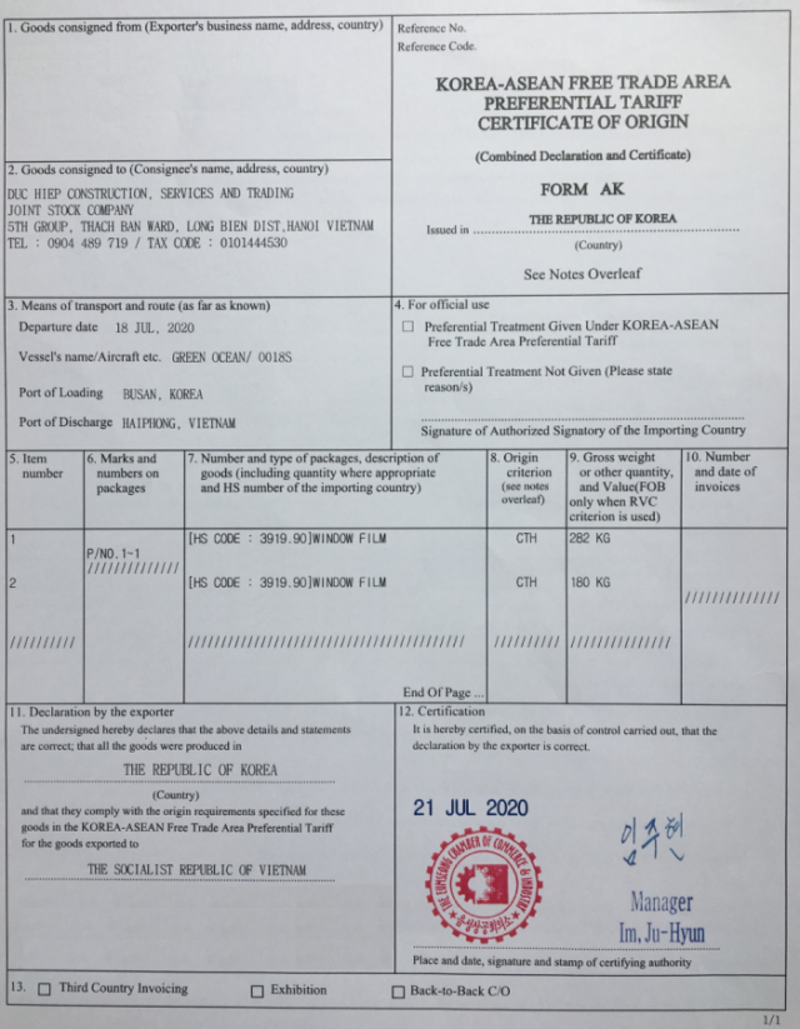 Phim cách nhiệt Nexco đạt tiêu chuẩn CO FORM AK