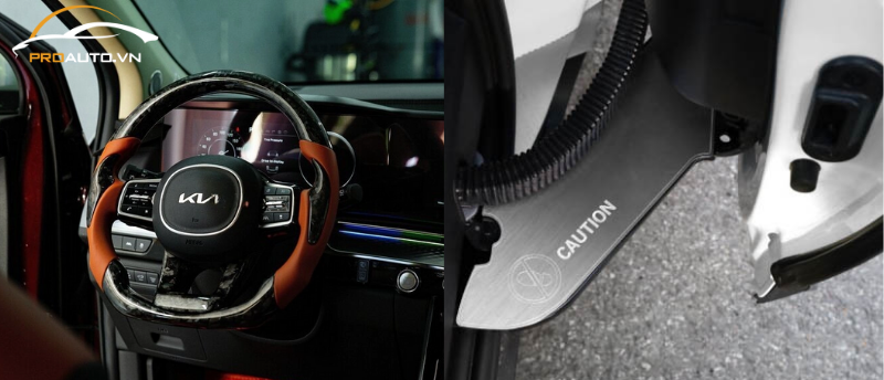 Ốp carbon vô lăng và đường ray cửa trượt Carnival 2024 bằng nhôm đúc