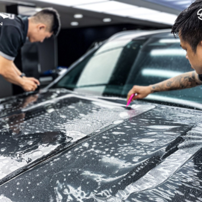 Đội ngũ kỹ thuật viên thi công dán phim PPF xe Mitsubishi Xforce