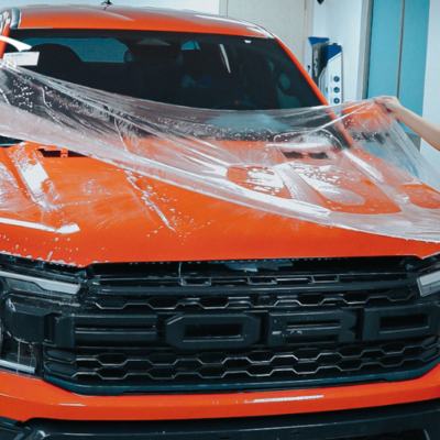 Kỹ thuật viên thi công dán PPF cho chiếc Ford Raptor