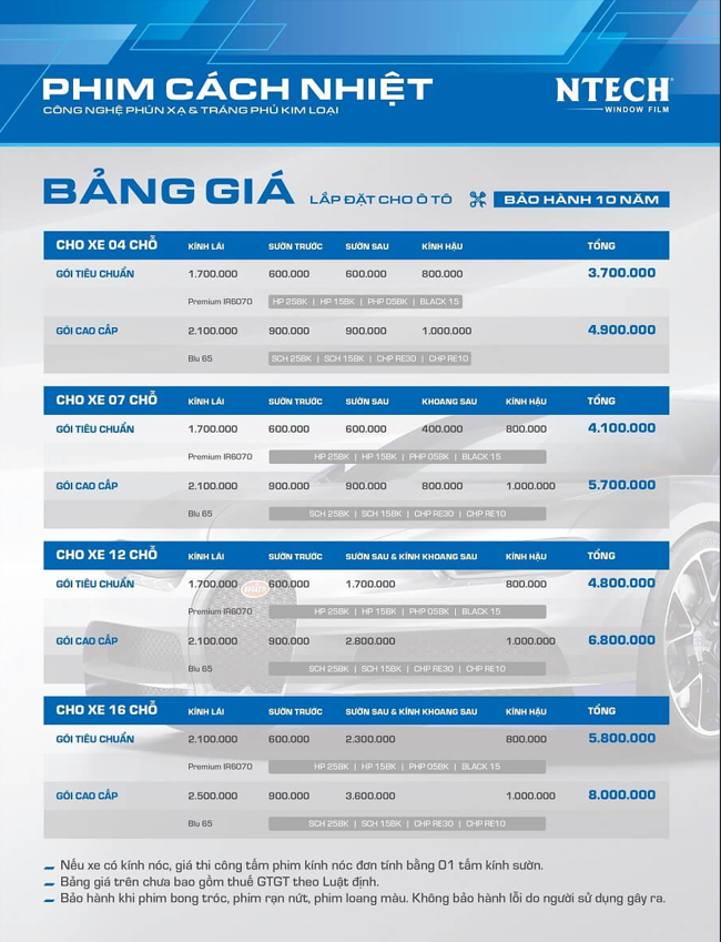 Bảng giá dán phim cách nhiệt Ntech các dòng xe 