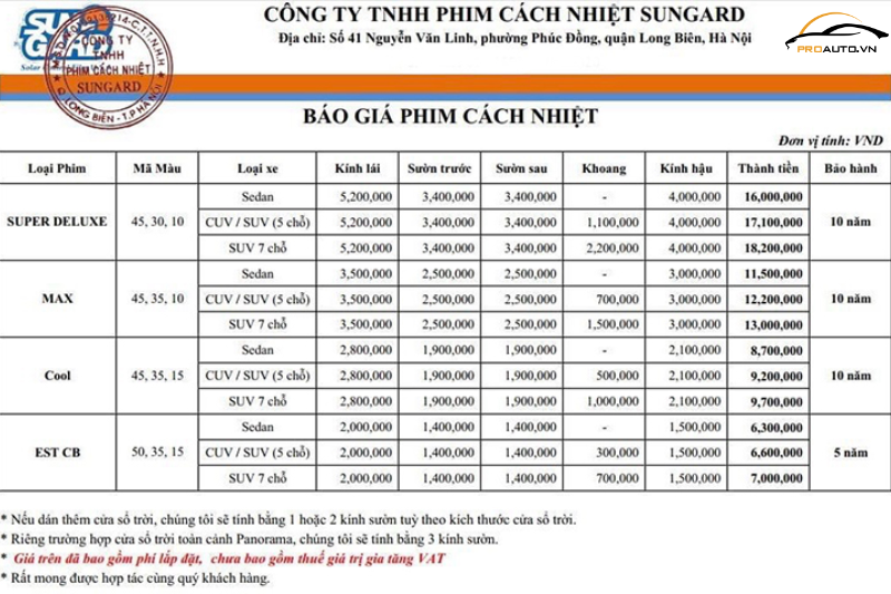 Bảng giá phim cách nhiệt Sungard chính hãng 