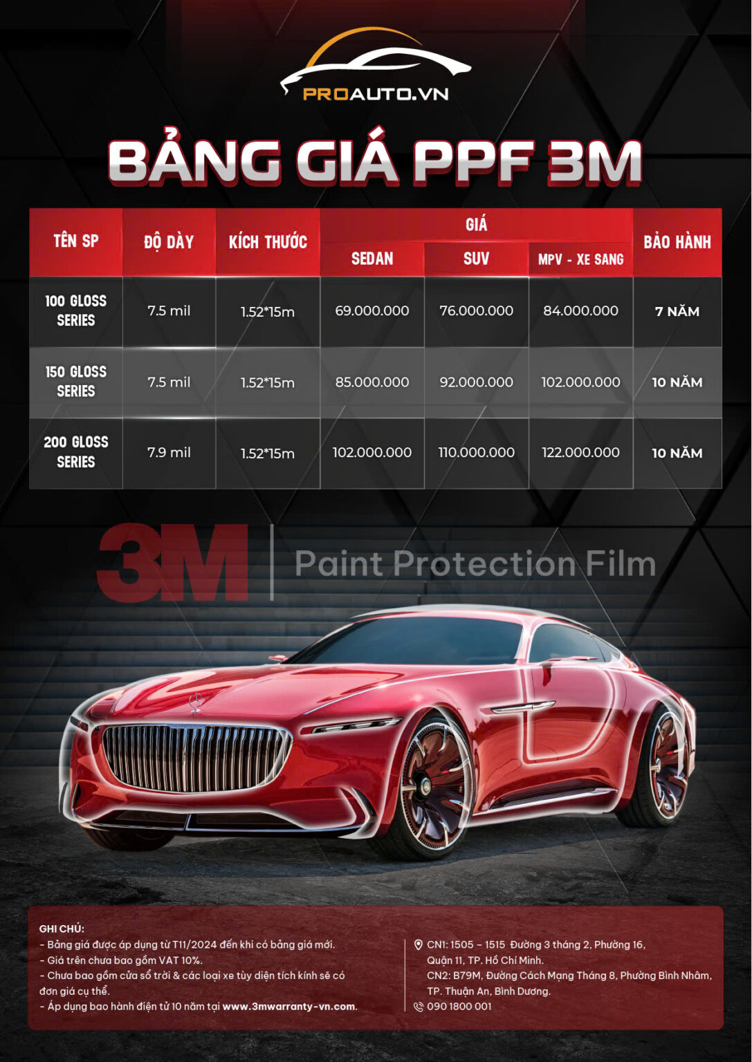 Bảng giá PPF 3M chính hãng Mỹ 