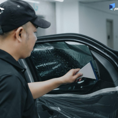 Kỹ thuật viên dán phim cách nhiệt xe Vinfast VF5 vị trí kính sườn sau